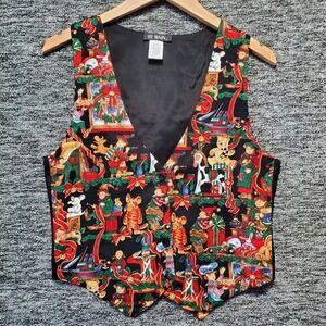VTG 111 Main Christmas Novelty Vest Womens M Black Santas Workshop Elves Toys